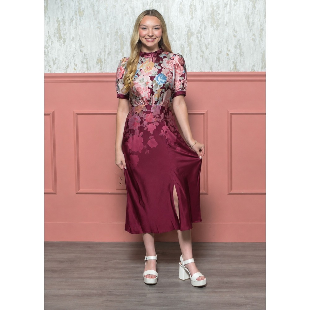Julia Jordan Satin Floral Midi Dress NWT Sz 4 Mock Neck‎ Cocktail Semi-Formal